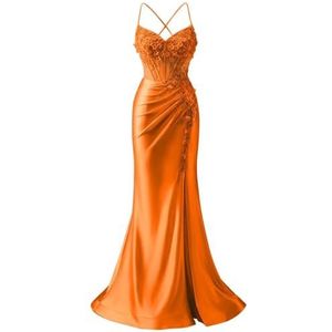 Satijnen Galajurken voor Vrouwen Zeemeermin Formele Avondbaljurken met spleet Ceremonie Jurken Plus Size, Oranje, 32