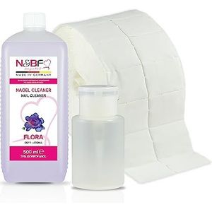 NAILS FACTORY Nagelreinigerset met geur 500 ml + dispenser, pompfles, wit 150 ml + 1000 cellulosepads (2 rollen à 500 stuks) - 70% isopropanol-alcohol – voor gelnagels – Flora