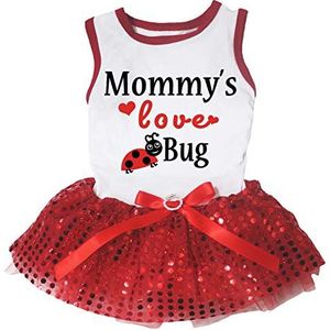 Petitebelle mama's liefde Bug wit katoen shirt Tutu puppy hond jurk, Small, Rode pailletten Tutu