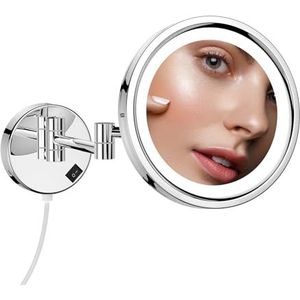 DOWRY Make-upspiegel met verlichting, 7 x vergrotingsspiegel, wandmontage, 3 ledkleuren, lichtjes, cosmeticaspiegel, scheerspiegel voor badkamer, diameter 25 cm