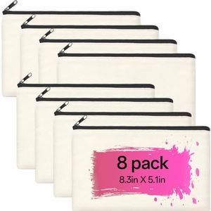 ZeeDix 8 Pack 21 x 12,7 cm Blank DIY Craft Bag - Beige Canvas Rits Pouch Zakken Multifunctionele Cosmetische Tas Make-up Pouch met Rits, Reistoilettas voor Opslag