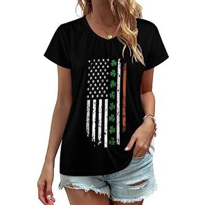 Ierse VS vlag klaver voor St. Patrick's Day dames V-hals T-shirts leuke grafische korte mouw casual tee tops XL