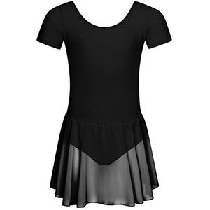 tanzmuster ® Balletjurk meisjes korte mouwen - Lucy - zacht katoen - chiffon rokje - ballet tricot voor kinderen, zwart, 152/158 cm