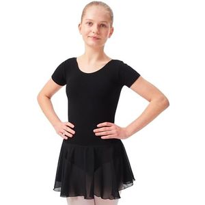 tanzmuster Balletjurk meisjes korte mouwen - Lucy - Gr. 92-170 - zacht katoen - chiffon rokje - ballet tricot voor kinderen, zwart, 152/158 cm