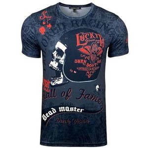 Subliminal Mode Heren T-shirt met ronde hals en korte mouwen - doodshoofdprint - klassieke pasvorm - trendy bikerstijl BX114, Donkergrijs, M