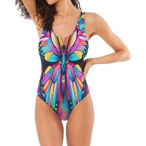 Klassieke Badpakken uit één stuk voor Vrouwen Kleurrijke Vlinder U-vormige Rug Buikcontrole, Kleurrijke vlinder, S