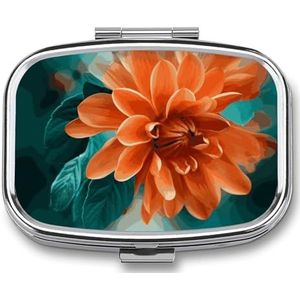 Blauwgroen en bloempillendoosje met 2 compartimenten, pillenorganizer, draagbare vierkante pillendoos, vitaminepillenorganizer voor zakportemonnee en reizen