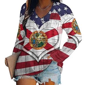Amerika en Florida vlag met hart nieuwigheid vrouwen blouse tops V-hals tuniek t-shirt voor legging lange mouw casual trui