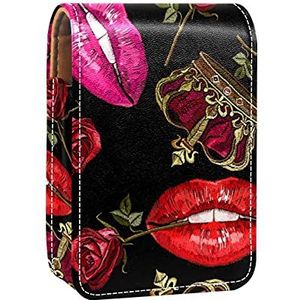 Vrouwen Sexy Rode Mond Rose Kroon Prints Lippenstift Case Mini Lipstick Houder Organizer Tas Met Spiegel Voor Portemonnee Reizen Cosmetische Pouch, Multi kleuren, 9.5x2x7 cm/3.7x0.8x2.7 in, Beauty Case