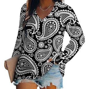 Paisley Bloemenprint Wit Dames V-hals Shirt Lange Mouw Tops Casual Losse Fit Blouses