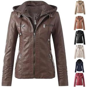 Vrouwen Y2K Leren Jas Bomber Vintage Mode Rits Lange Mouwen Leren Jas Casual Harajuku Klassiek Comfortabel Los Effen Kleur Jas Met Zakken Leren Jas Dames Dames Capuchon(Brown,7XL)