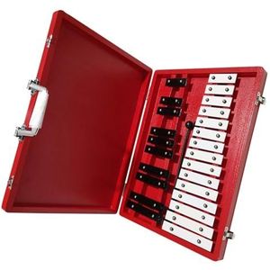 Klokkenspel muziekinstrument rode houten kist zwart-wit metalen klankbord met 25 noten