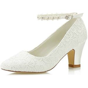 JIAJIA 62311A Vrouwen Bruids Schoenen Gesloten Teen 7cm Halfhoge Hak Lace Satijn Pompen Bloem Trouwschoenen Kleur Ivoor,Grootte Grootte 36 EU
