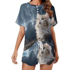 Thunderbolt Cat Fashion 2 stuks dames pyjama sets korte mouw nachtkleding zachte loungewear stijl-8