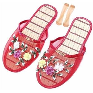 Chinese Mesh Slippers Voor Vrouwen, Vrouwen Bloemen Kralen Ademende Mesh Chinese Sandaal Slippers (Color : Red, Size : 39 EU)