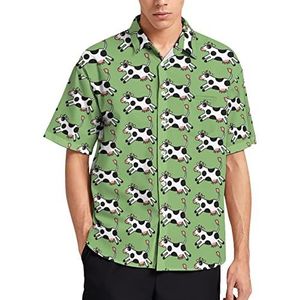 Cartoon Koe Patroon Mannen Korte Mouw T-Shirt Causale Button Down Zomer Strand Top Met Zak