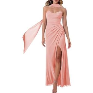 Dames chiffon bruidsmeisjes jurken met split lange galajurken ruches cocktailjurk plus size, Koraal, 32