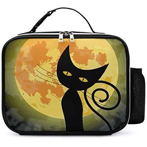 Solar Eclipse Cat Moon Lunch Box Container Herbruikbare Lederen Geïsoleerde Maaltijd Tote Bag met Afneembare Gespeld Handvat