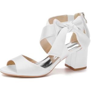 GHSIRUEU Vrouwen Hak Sandalen Strik Knoop Cross Strap Open Toe Block Chunky Heels Sandalen Bruids Wedding Dress Schoenen Pompen,Wit,35 EU