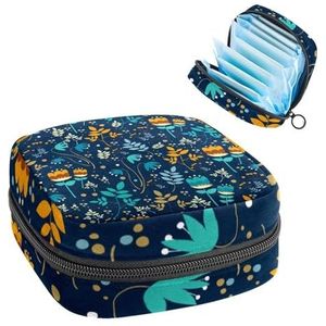 Maandverband Opbergtas, Menstruatiecup Pouch Tampon Bag, Menstruatie Pads Houder Organizer voor Vrouwen Meisjes, Bloemen Bloem Donkerblauw Patroon
