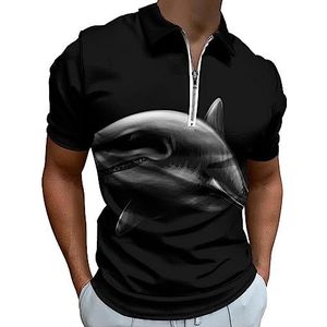Grote witte haai op een zwart poloshirt voor mannen, casual T-shirts met ritssluiting en kraag, golftops, slim fit
