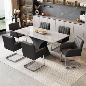 Aunvla Set van 6 eetkamerstoelen met verticale strepen, gestoffeerde stoelen met zigzagvormige metalen poten, loungestoel, woonkamerstoel, slaapkamer, werkkamer en bureau, kunstleer, zwart