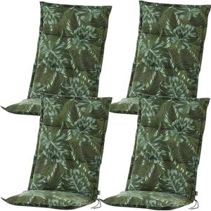 BURI Set van 4 kussens voor tuinstoelen, ca. 120 x 50 cm, stoelkussen, hoge rugleuning, bekleding in groen, palmenpatroon met dikke 8 cm schuimvulling, 4 stuks, comfortabele stoelkussens, UV-lichtecht