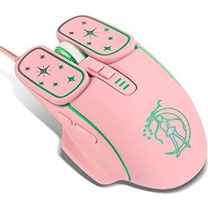 Optische gamingmuis met achtergrondverlichting, 4 kleuren, ergonomisch, bekabeld, USB met 7200 dpi en 6 toetsen, 4 opnamen voor computer/Win/Mac/Linux/Android/iOS (roze)
