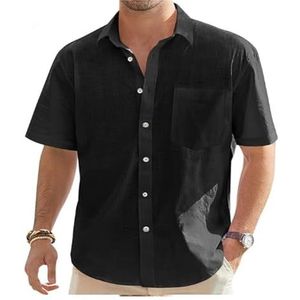 Heren Korte Mouw Linnen Overhemd Regular Fit Casual Zomer Strand Overhemd Met Zak(Noir,S)