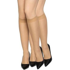 looksy Set van 2 paar kniekousen voor dames, transparant, 15 den, drukvrij, comfortabel en glad, discreet, één maat, Natalie15, camel, One size