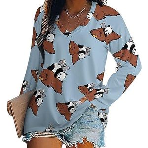 Bear Panda Koala dames casual T-shirts met lange mouwen V-hals bedrukte grafische blouses T-shirt tops XL