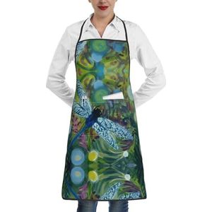 ZhaoYuGoods Drie zonnebloemen op houten schorten met zakken voor vrouwen, stijlvolle kookschorten voor keuken tuinieren salon, ideale print schort, Handgeschilderde blauwe libel, Eén maat