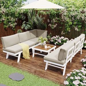 Idemon Aluminium tuinstoelset, tuinmeubelset, stoelset voor 5-6 personen, 2 hoekbanken, 1 tafel, incl. 7 beige kussens, 4 beige zitkussens (wit + aluminium)