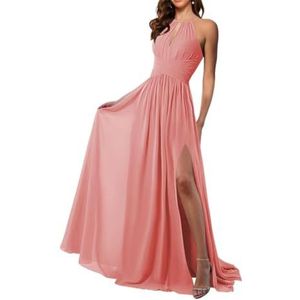 Chiffon bruidsmeisjesjurk voor dames, voor bruiloft, prinses, baljurken met split, cocktailjurk, grote maten, Koraal, 32