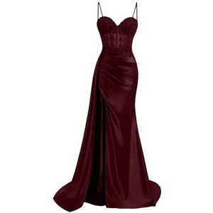KIYNE Spaghetti Strap Satijn Galajurken met Split Kant Applique Zeemeermin Baljurk Floor Lengte Corset Formele Jurk, Bordeaux, 32