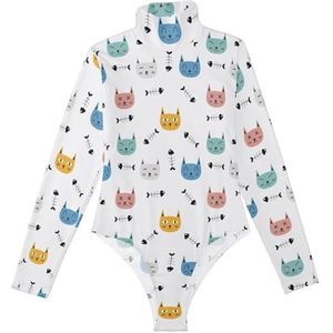 LI ZHI XIN Rompertjes met lange mouwen voor dames, eendelige jumpsuit met hoge hals, coltrui, turnpakje, top voor meisjes, dans, workout, fitness, bodysuit met kattencartoonpatroon, Meerkleurig, S