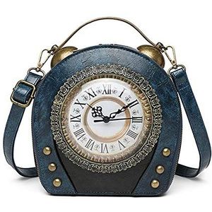 Real Werk Klok Handtassen Antiek Klok Ontwerp Vrouwen Avond Cross Body Schoudertas, PU Lederen Retro Vintage Stijl Steampunk Cross Body Messenger Bag voor Vrouwen Meisjes, Blauw, 20 cm x 9 cm x 19 cm,