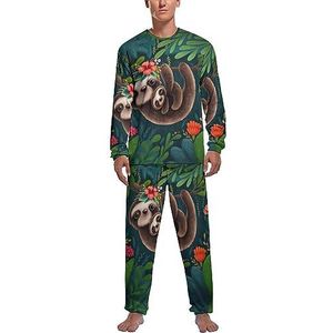 Schattige luiaards print zachte heren pyjama set comfortabele lange mouwen loungewear top en broek geschenken L