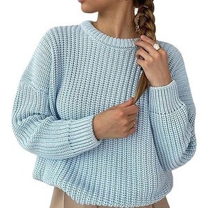 Sawmew Dames gebreide trui met lange mouwen en ronde hals Effen kleur Klassieke slanke pasvorm Lichtgewicht zachte trui (Color : Light blue, Size : M)