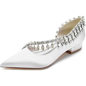 Vrouwen bruiloft flats schoenen voor bruid satijnen kristallen puntige neus slip op prom avondfeest bruids jurk schoenen,Wit,38 EU