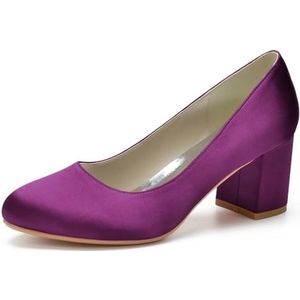 HFWXYSA Vrouwen Bruid Bruiloft Schoenen Blokhak Ronde Teen Pumps Satijn Gesloten Tenen Party Trouwschoenen, Paars, 42 EU