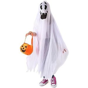 Geestkostuum, Spook, Witte cape met gezicht, pompoentas, Halloween, Carnaval, Cosplay, voor kinderen, universele maat 3-6 jaar