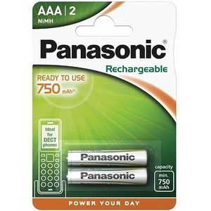 Panasonic NiMH P03 HR03 Micro AAA oplaadbare batterij, 750 mAh, ideaal voor dect/draadloze telefoons, verpakking van 2 stuks