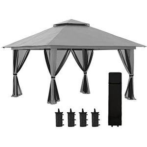 Outsunny vouwtent van 4 x 4 m, tuinpaviljoen met 4 gaaswanden, vouwtent met UV-bescherming, feesttent met dubbel dak, draagtas, voor balkon, camping, donkergrijs