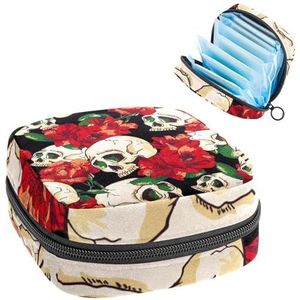 Opbergtas voor maandverband, menstruatiecup zakje tampon tas, menstruatiepads, houder organizer voor vrouwen en meisjes, schedel met bloemenpatroon