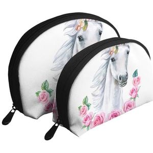 Make-uptas, cosmetische reistas 2 stuks draagbare clutch zakje set zakje organizer wit paard met roze bloemen, zoals afgebeeld, Eén maat