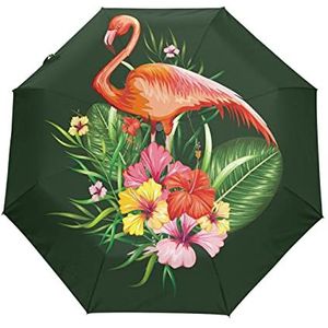 Flamingo Bloemen Groene Vogel Automatische Opvouwbare Paraplu UV-bescherming Auto Open Sluiten Opvouwbare Zonneblokkering Paraplu's voor Reizen Vrouwen Jongens Meisjes