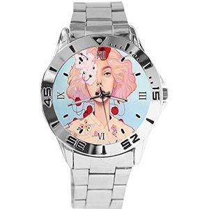Roze Oog Meisje Mode Vrouwen Horloges Sport Horloge Voor Mannen Casual Rvs Band Analoge Quartz Horloge, Zilver, armband