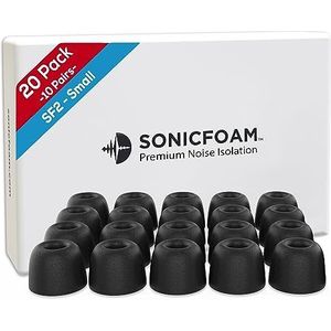 SONICFOAM Oordopjes van traagschuim - hoogwaardige geluidsisolatie, vervangende oordopjes van traagschuim, 20 stuks voor in-ear koptelefoons (SF2 Small, zwart)