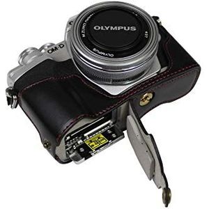 Onderste opening versie compatibel voor Olympus OM-D E-M10 Mark IV beschermende PU lederen halve cameratas tas met statiefontwerp met draagriem zwart